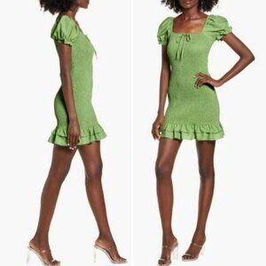 ENGLISH FACTORY / Smocked Ruffle Hem Puff Sleeve Mini Dress Green Sz M